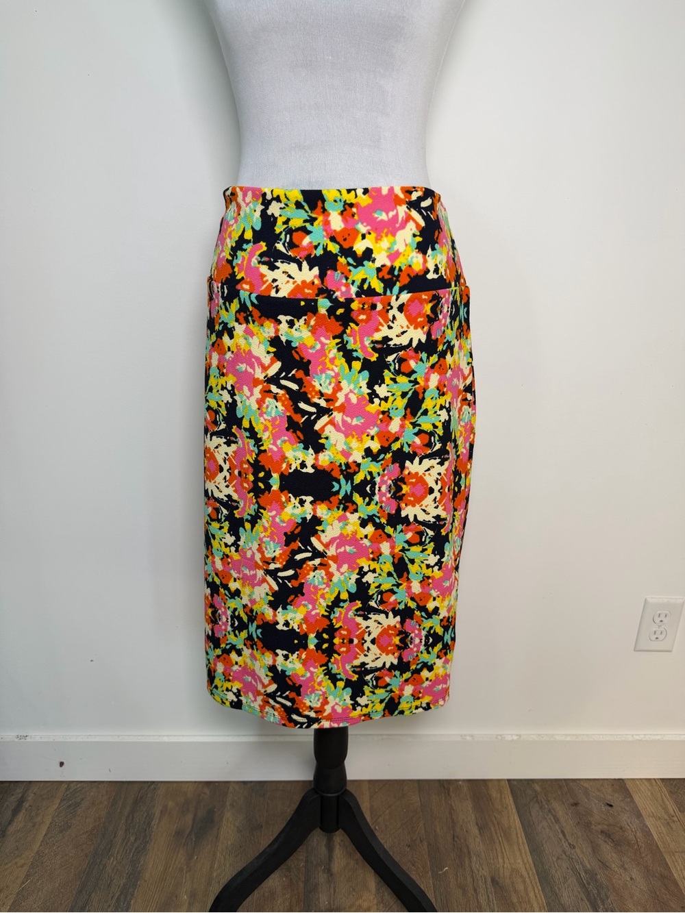 LuLaRoe Black Floral Pencil Skirt with Pink, Yellow & Green Accents